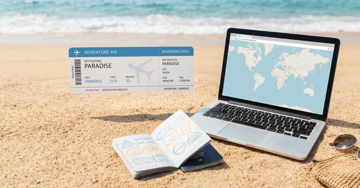 Passport with visa stamps, a laptop and a boarding pass on a sandy beach