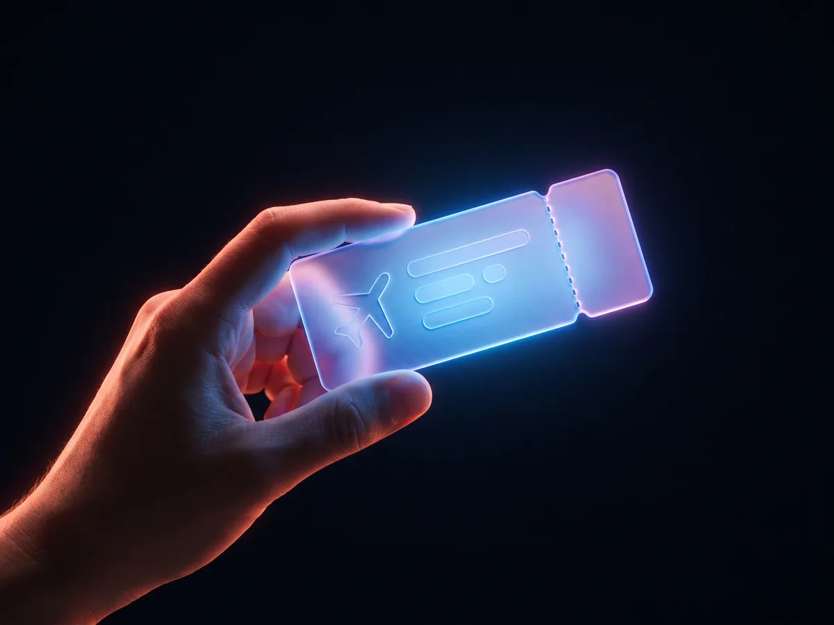 Hand holding a glowing flight ticket
