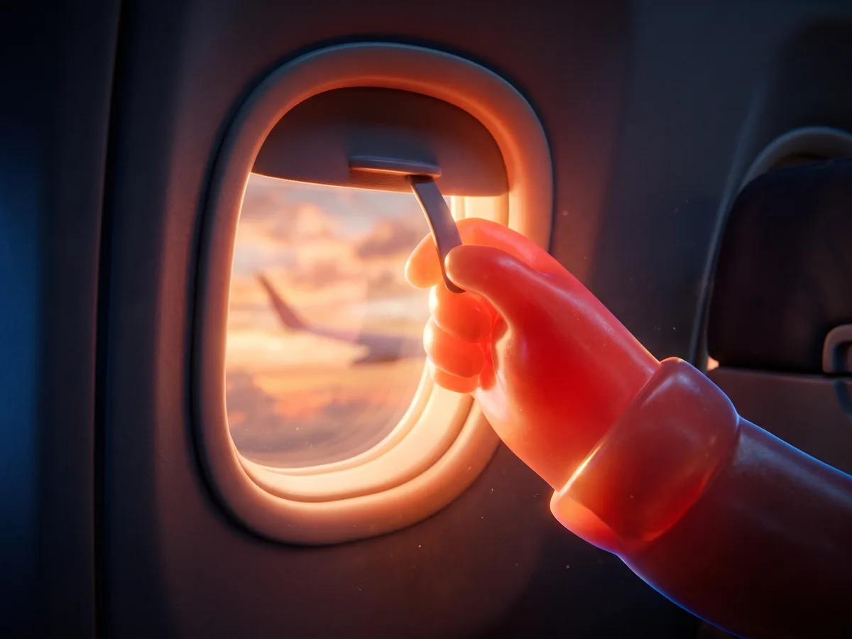 Hand opening an airplane window shade