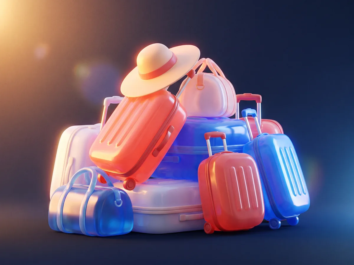 Pile of suitcases with a sun hat on top