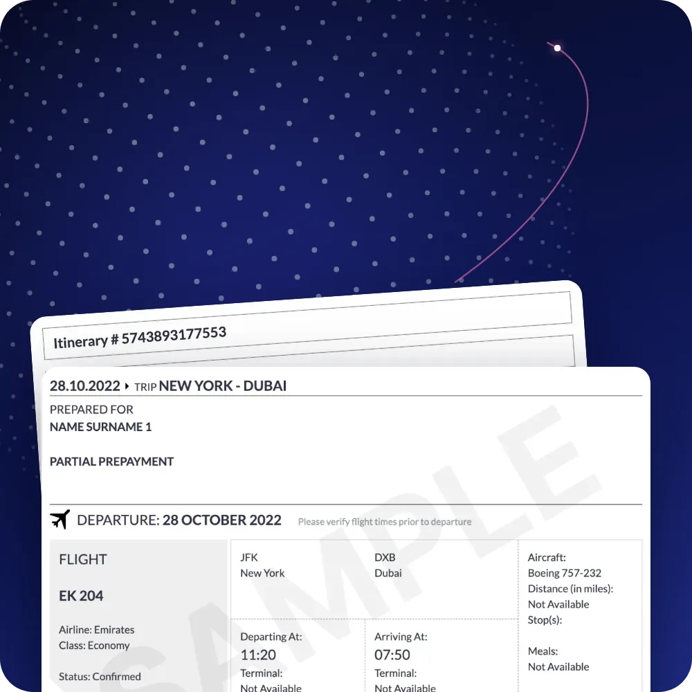 Dummy ticket for visa: sample flight ticket from New York to Dubai